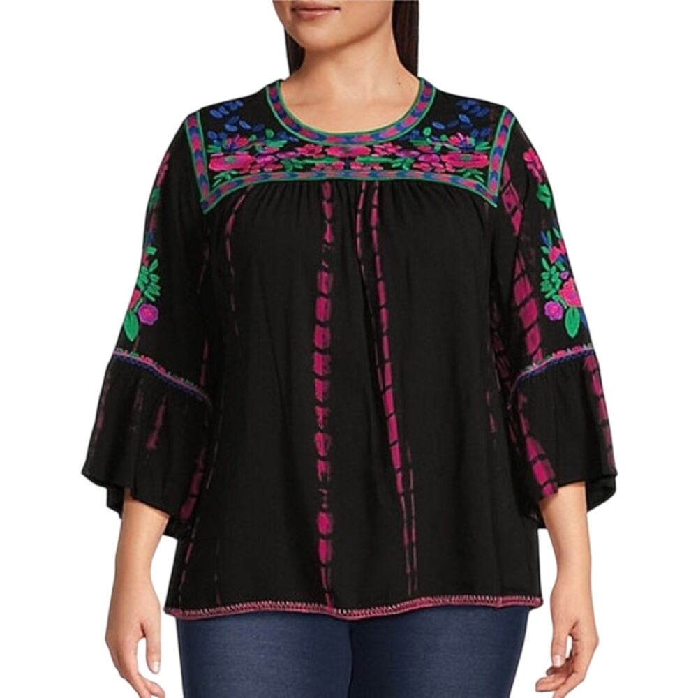 Calessa Embroidered Tie-Dye Patchwork Print Crew Neck 3/4 Sleeve Tunic 2X